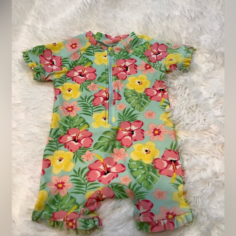 NEW! Adorable Baby Girls’ Multicolor Flower Print 🌺 Rash Guard Swimsuit-12 mo
